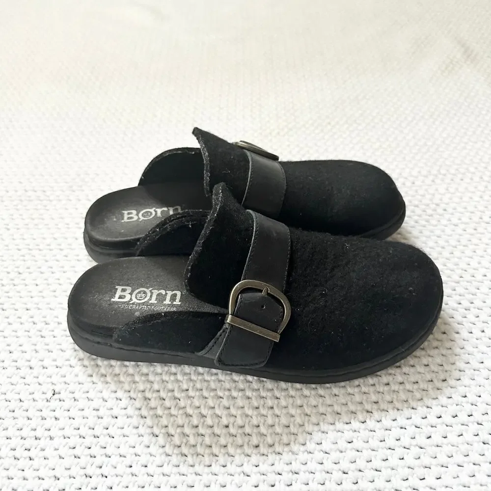 Born Comfort Black Lia Slip On Wool Open Back Clogs Buckle Strap Women 8-8.5 - Picture 2 of 7